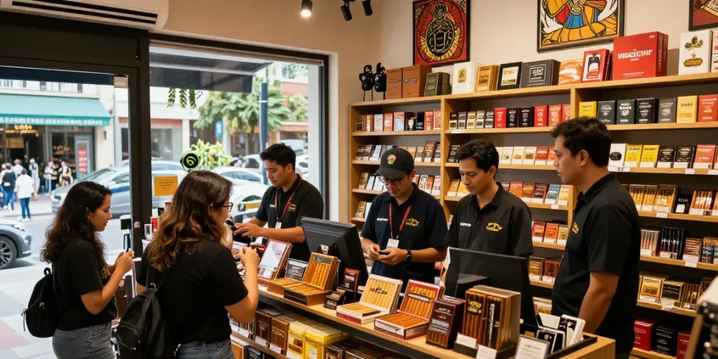 Customers exploring premium tobacco products like rokok 88 in a modern smoke shop.