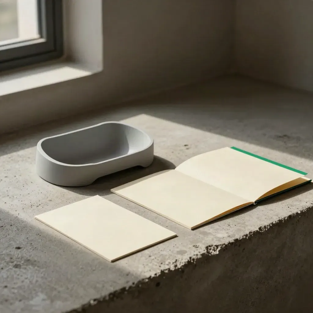 Startup-Validierungsset mit Prototyp-Hülle, Vergleichskarten und Ordnerblock auf Beton im warmen Licht.