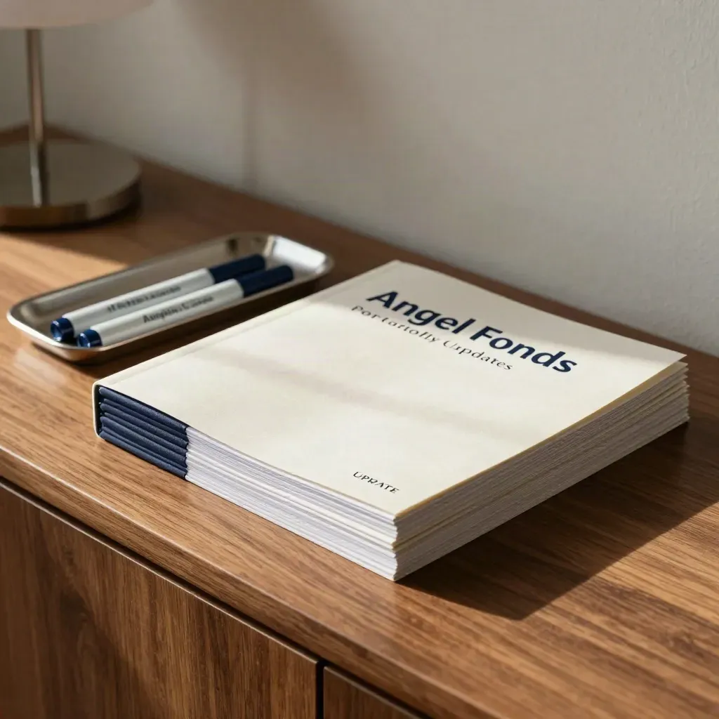 Gebundenes Monats-Update-Heft, Portfolio-Marker und glänzendes Inbox-Tray im warmen Bürolicht.