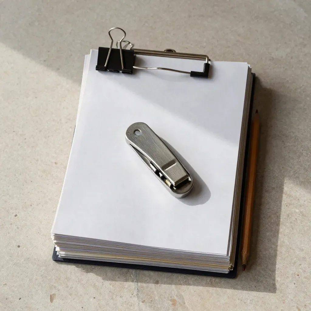 Von oben: geclippte Deal-Unterlagen, Tab-Trenner und Stahlbrieföffner auf hellem Stein.