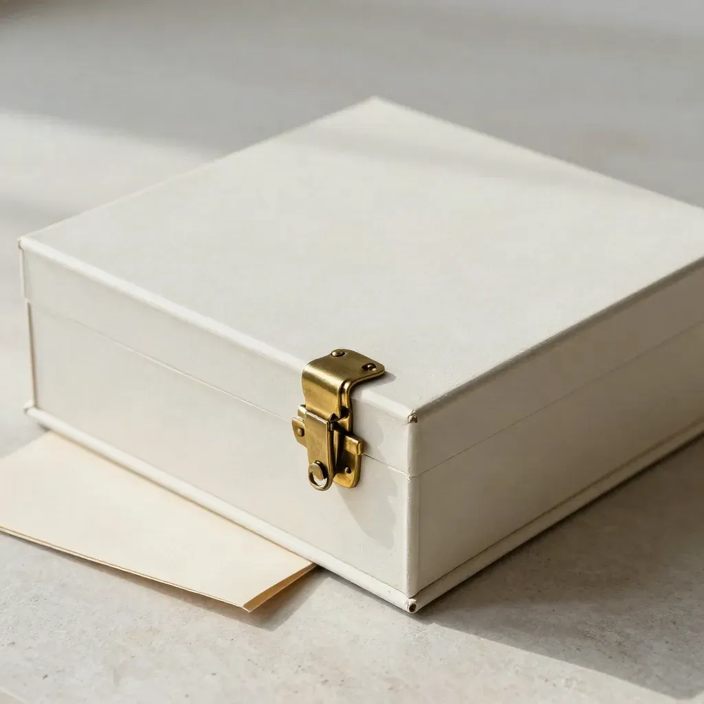 Archivbox mit Messingverschluss und Rücksendehülle auf hellem Stein, diagonal ins Bild gesetzt.