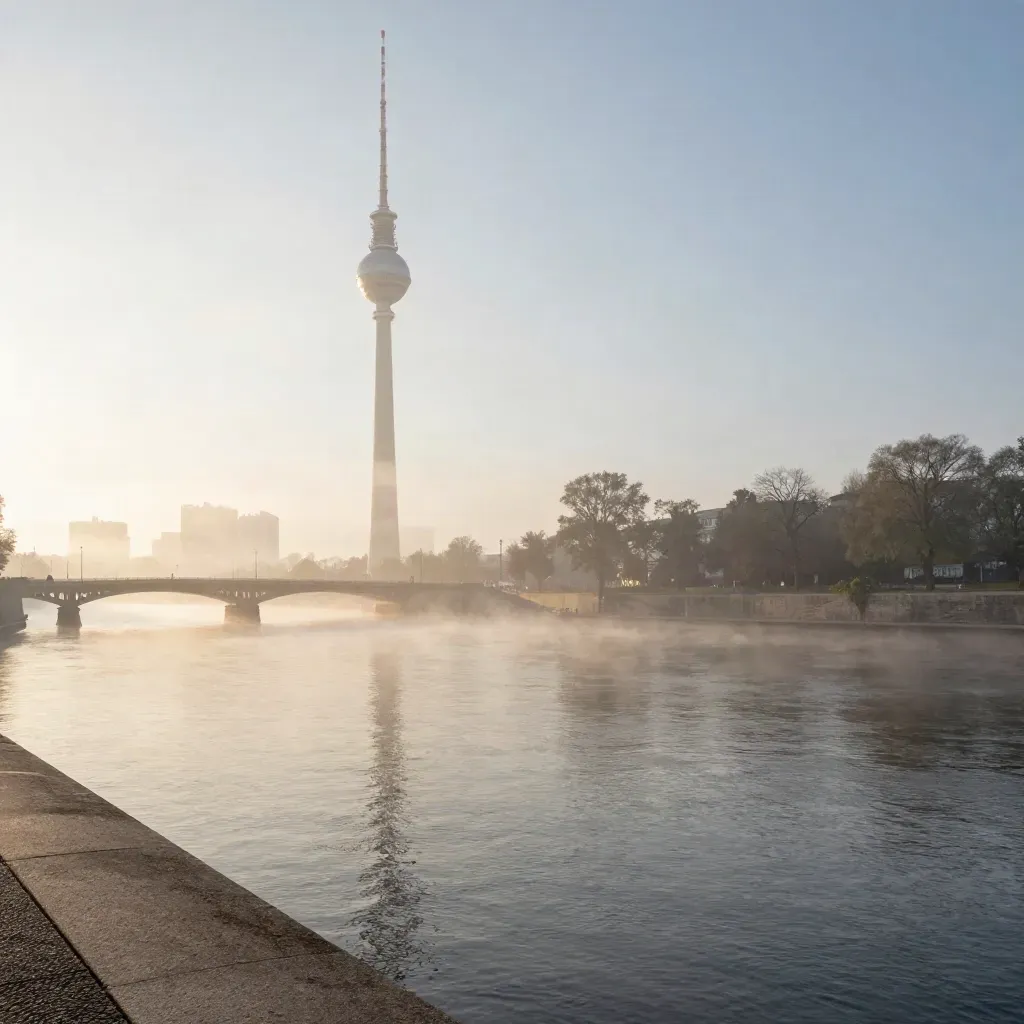 Berliner Skyline im Morgennebel mit Fernsehturm, Spreebrücken und ruhigem Wasser